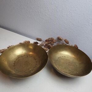 Antique Set of Brass Chinese Bowls, Set of 2,‎ Pedestal & Chinese Symbol Carving